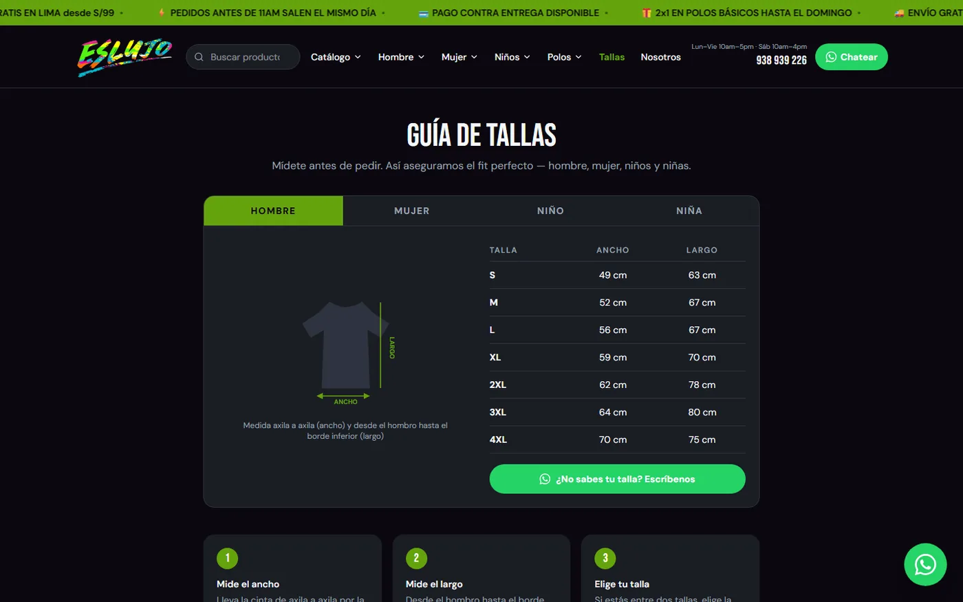 Es Lujo: un catálogo que convierte visitas en pedidos por WhatsApp · Guía de tallas