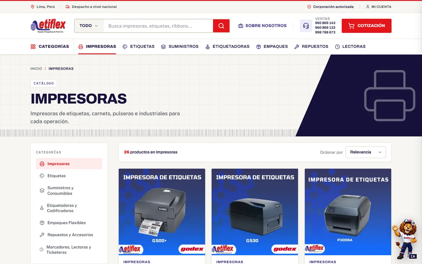 Etiflex: de una web de 2015 a un catálogo que cotiza por WhatsApp · Categoría de impresoras